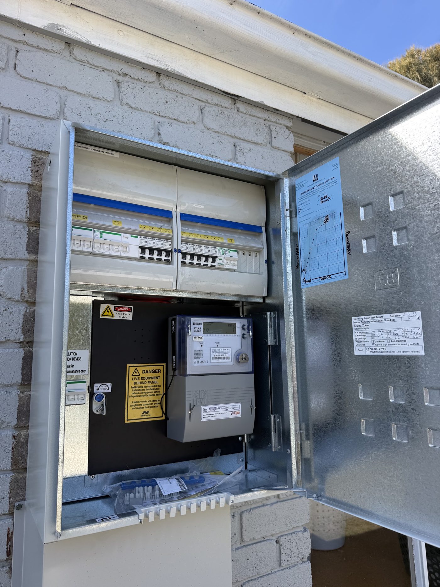 Open meter box with a new switchboard, electricity meter and a supply test sticker marked all tests pass
